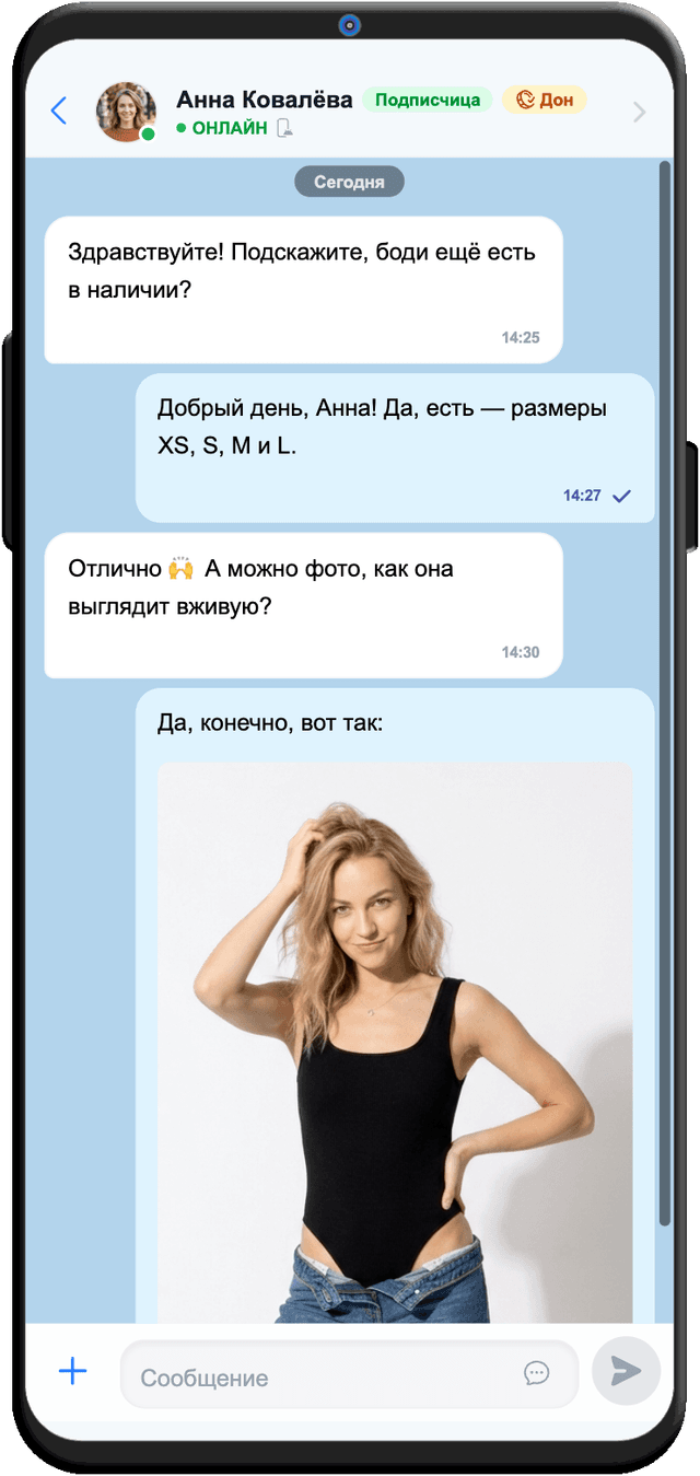 Диалог с подписчиком — метки подписчицы и доната в шапке чата